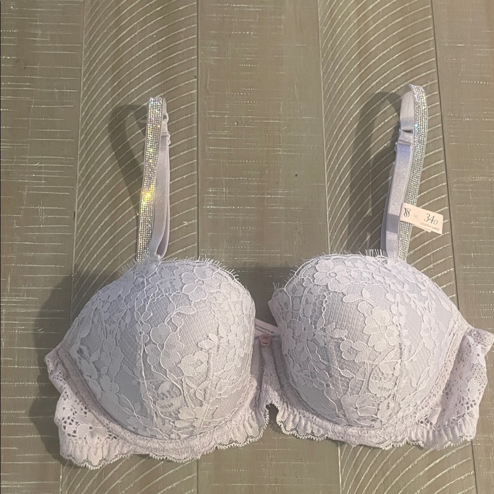 Lace Push-Up Bra in Light Lavender with Rhinestone Straps